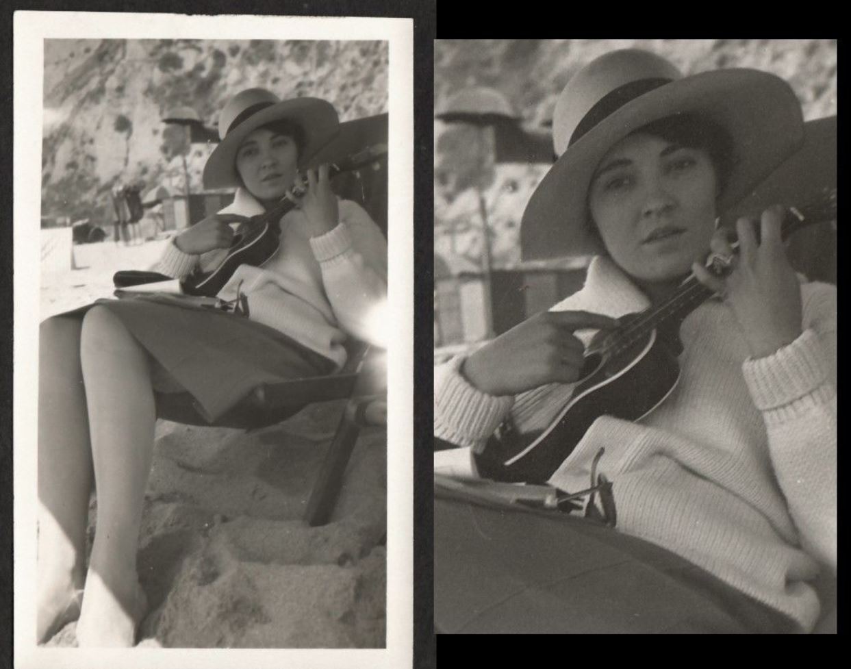 Girl on beach with Martin 3k, circa 1940.